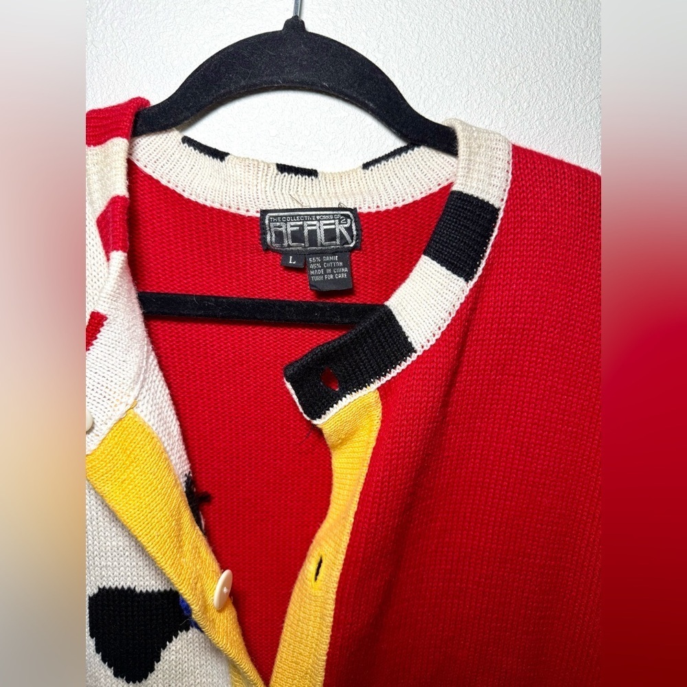 Vintage 90s Generra Dalmatian Dog Colorblock Chunky Knit Cardigan Sweater L - Picture 2 of 9